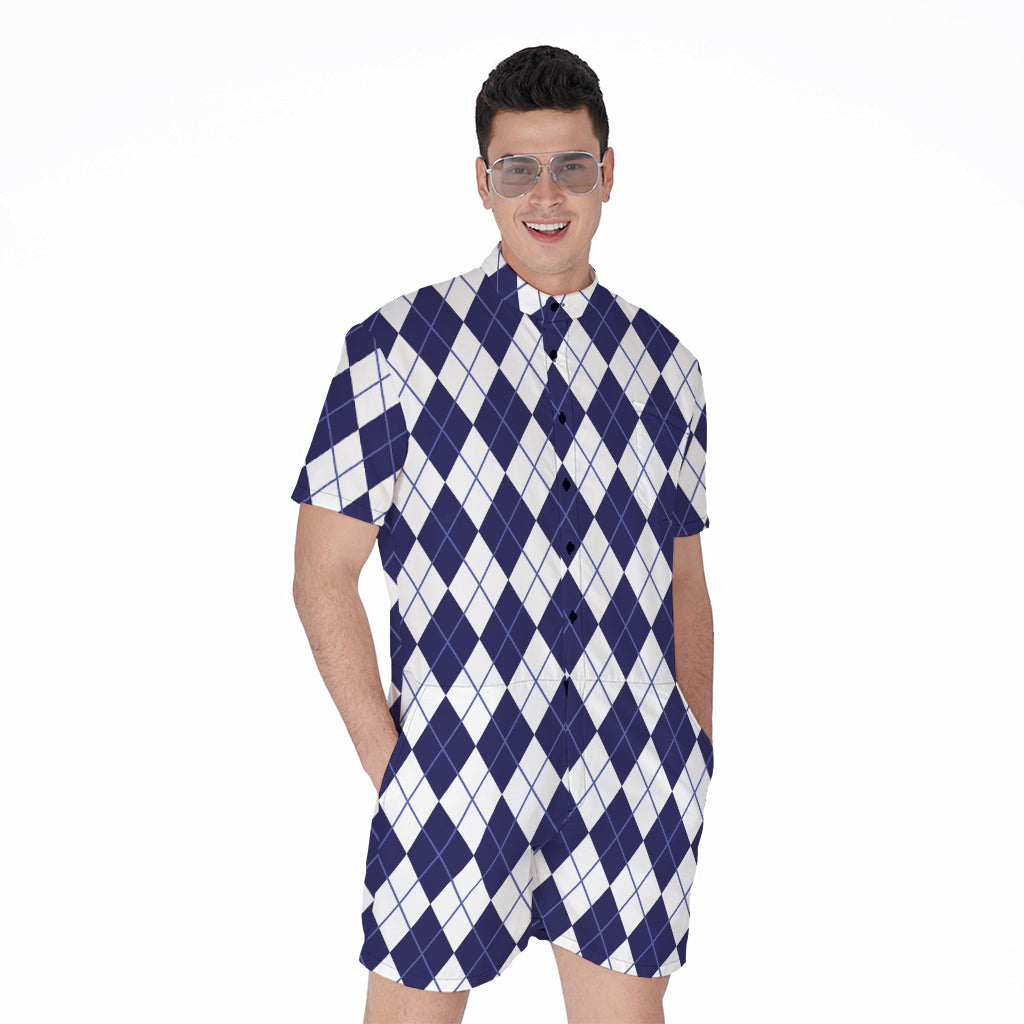 Navy Blue And White Argyle Pattern Print Men's Rompers