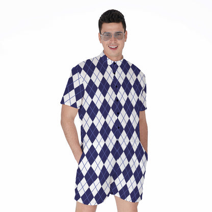 Navy Blue And White Argyle Pattern Print Men's Rompers