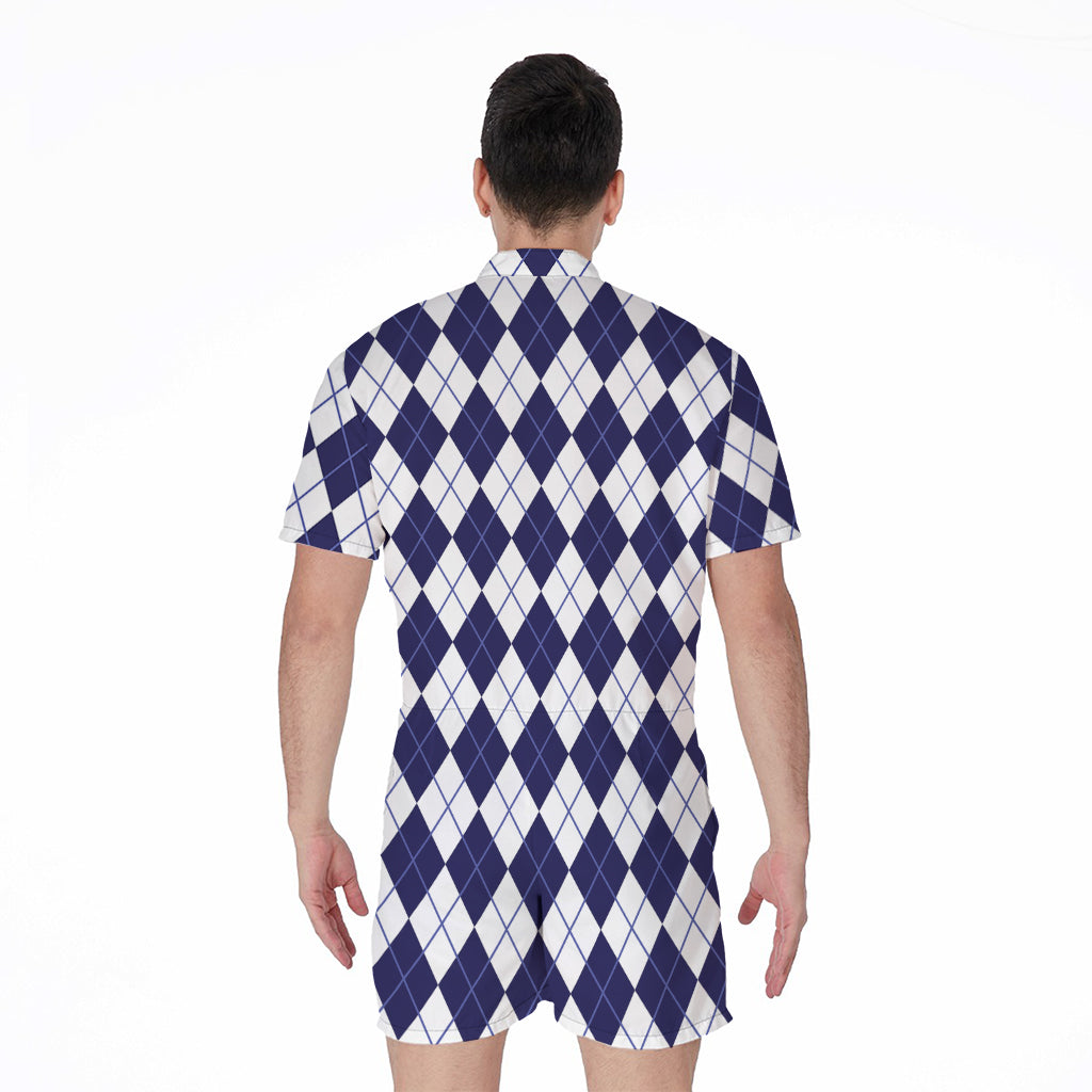 Navy Blue And White Argyle Pattern Print Men's Rompers