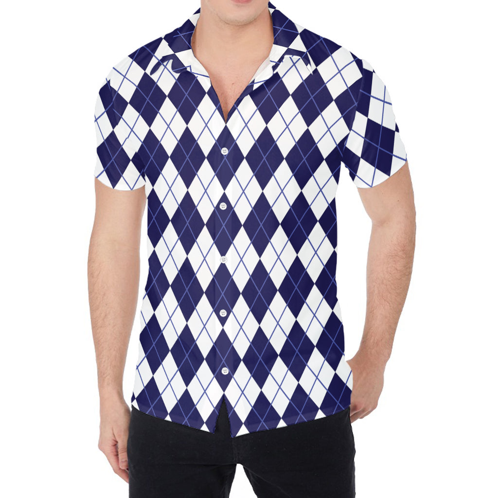 Navy Blue And White Argyle Pattern Print Men's Shirt