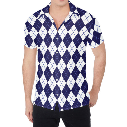 Navy Blue And White Argyle Pattern Print Men's Shirt