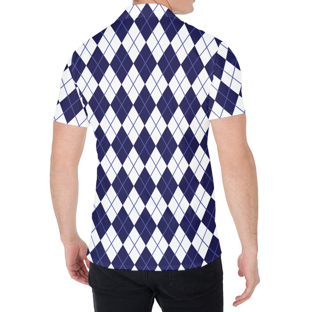 Navy Blue And White Argyle Pattern Print Men's Shirt