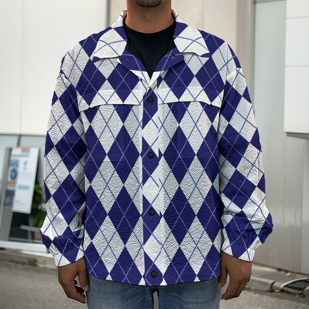 Navy Blue And White Argyle Pattern Print Men's Shirt Jacket