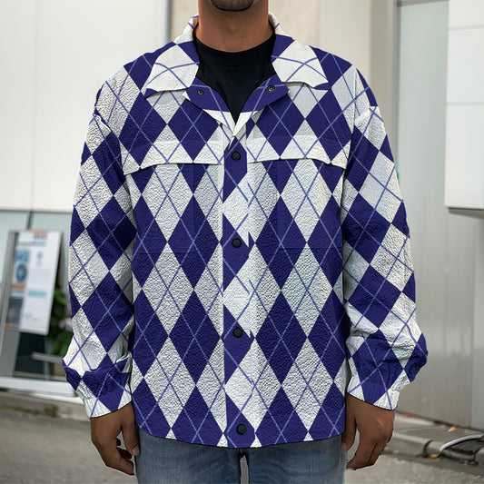 Navy Blue And White Argyle Pattern Print Men's Shirt Jacket