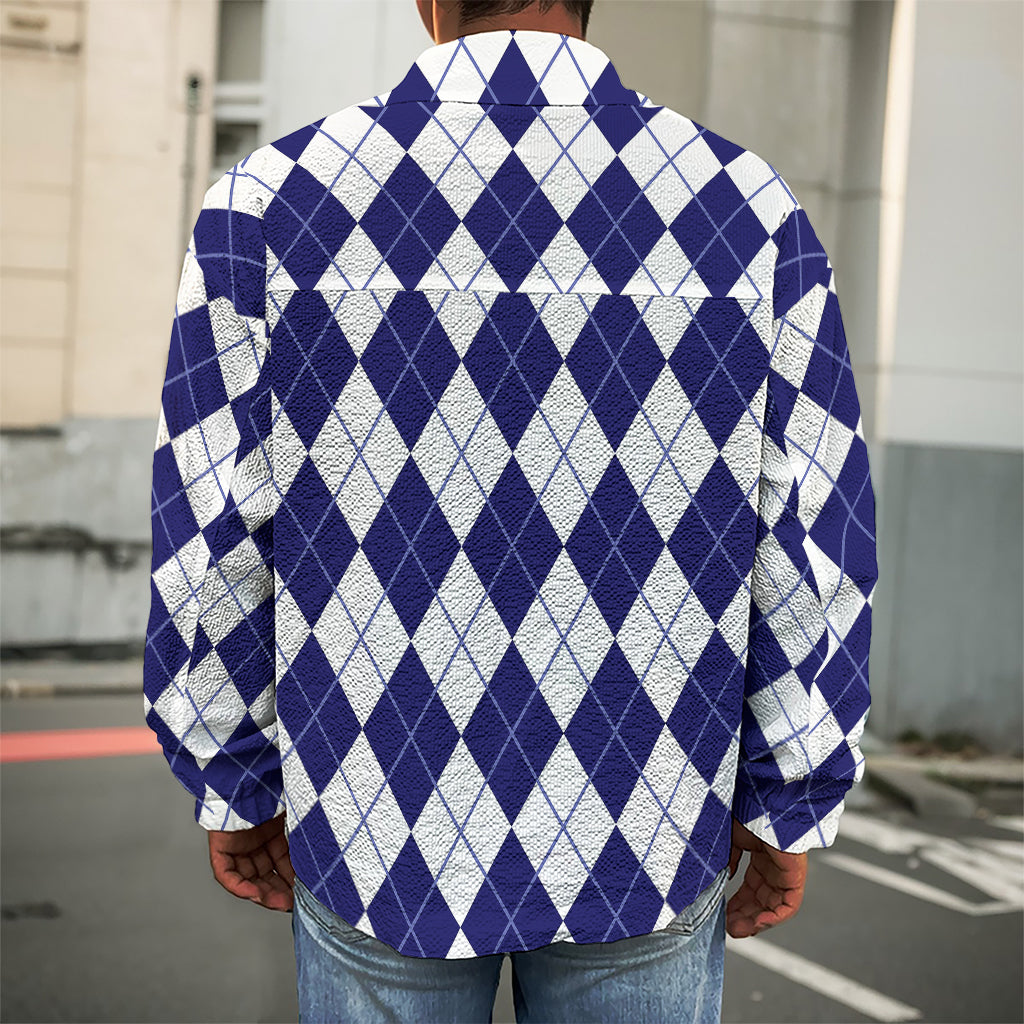 Navy Blue And White Argyle Pattern Print Men's Shirt Jacket