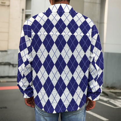 Navy Blue And White Argyle Pattern Print Men's Shirt Jacket