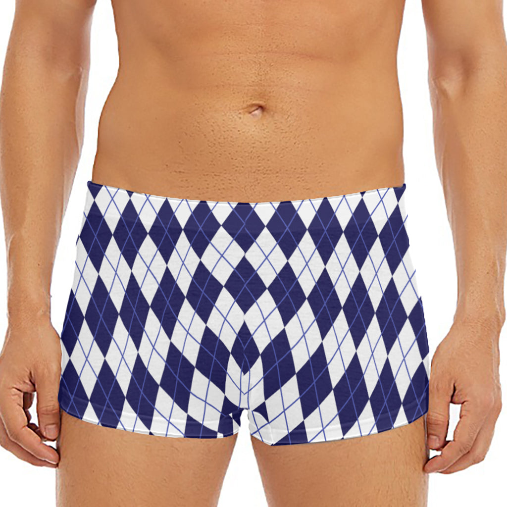 Navy Blue And White Argyle Pattern Print Men's Short Boxer Briefs