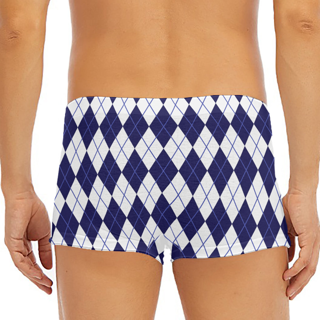 Navy Blue And White Argyle Pattern Print Men's Short Boxer Briefs