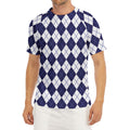 Navy Blue And White Argyle Pattern Print Men's Short Sleeve Rash Guard