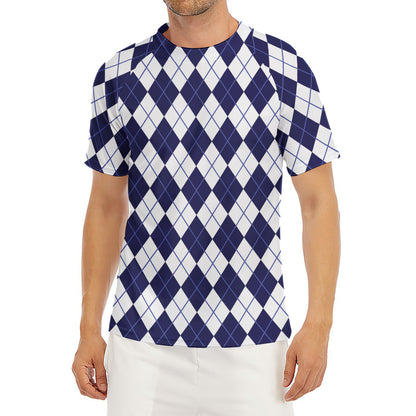 Navy Blue And White Argyle Pattern Print Men's Short Sleeve Rash Guard