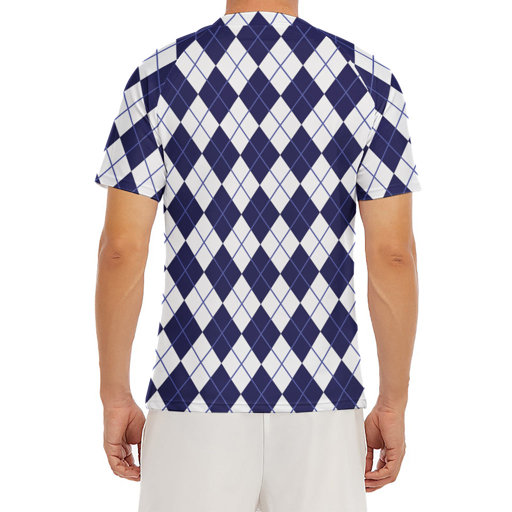 Navy Blue And White Argyle Pattern Print Men's Short Sleeve Rash Guard