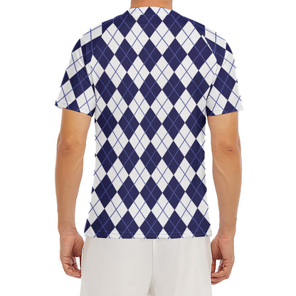 Navy Blue And White Argyle Pattern Print Men's Short Sleeve Rash Guard