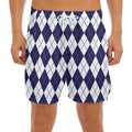 Navy Blue And White Argyle Pattern Print Men's Split Running Shorts
