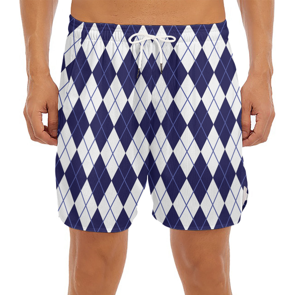 Navy Blue And White Argyle Pattern Print Men's Split Running Shorts