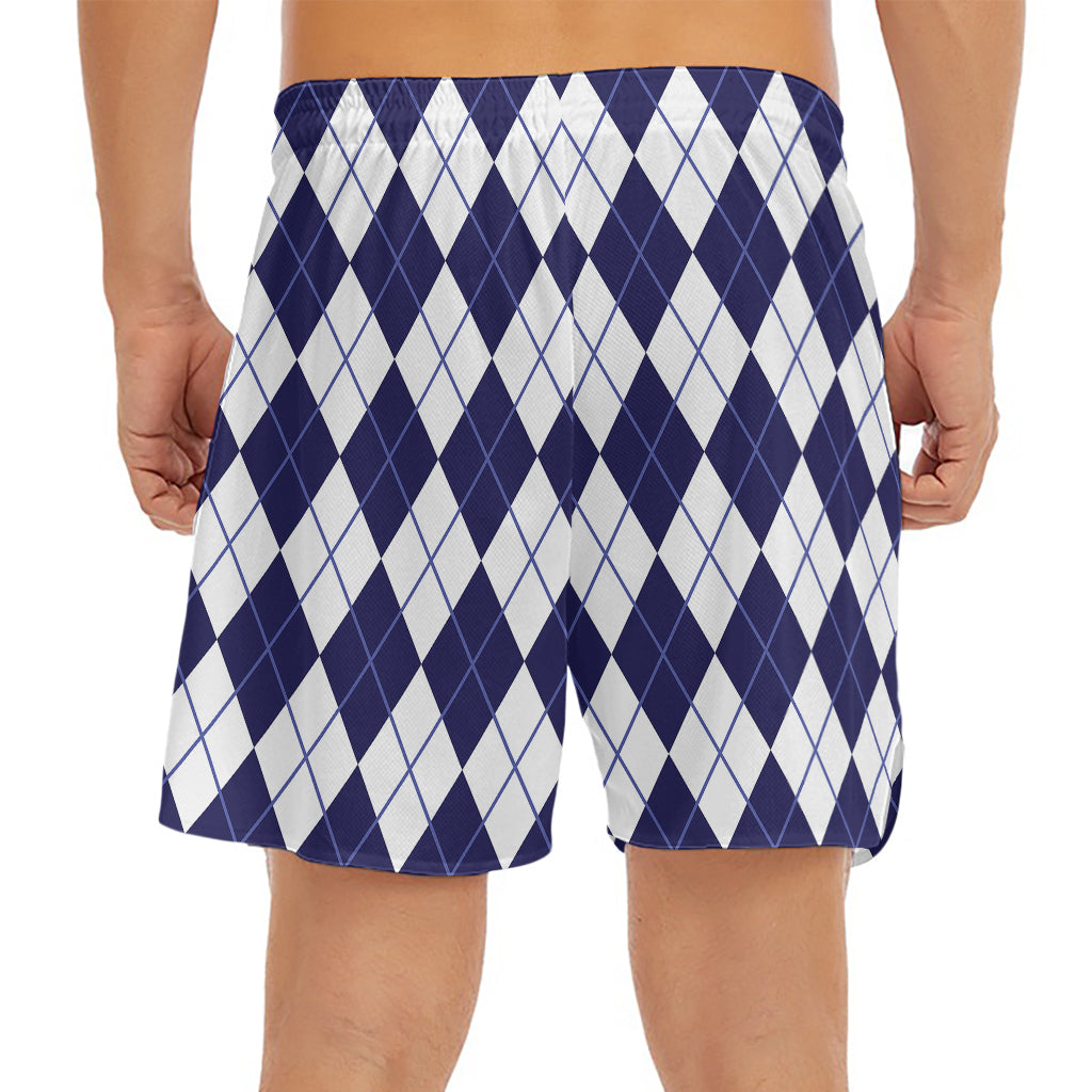 Navy Blue And White Argyle Pattern Print Men's Split Running Shorts