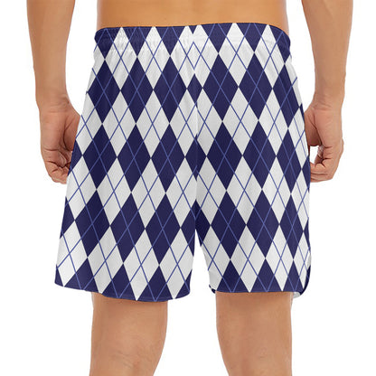 Navy Blue And White Argyle Pattern Print Men's Split Running Shorts