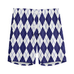 Navy Blue And White Argyle Pattern Print Men's Sports Shorts