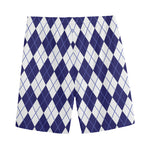 Navy Blue And White Argyle Pattern Print Men's Sports Shorts