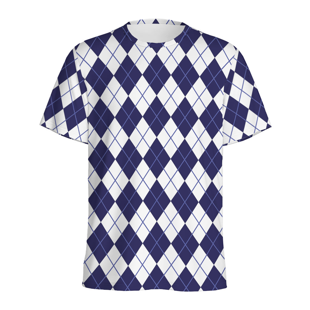 Navy Blue And White Argyle Pattern Print Men's Sports T-Shirt