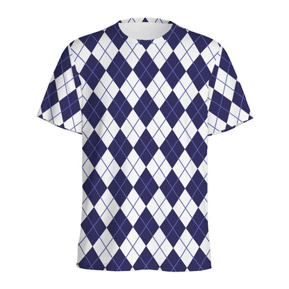 Navy Blue And White Argyle Pattern Print Men's Sports T-Shirt