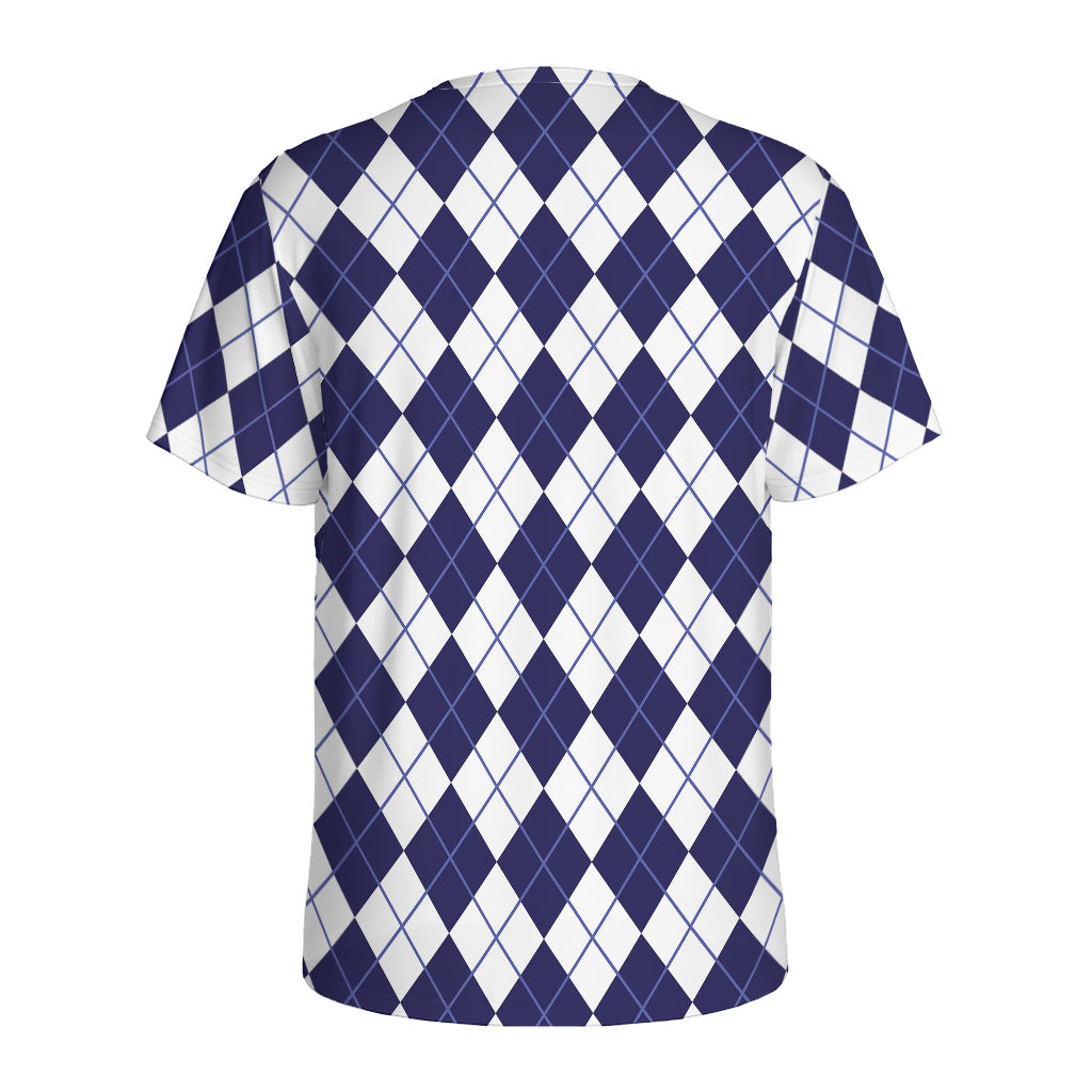 Navy Blue And White Argyle Pattern Print Men's Sports T-Shirt