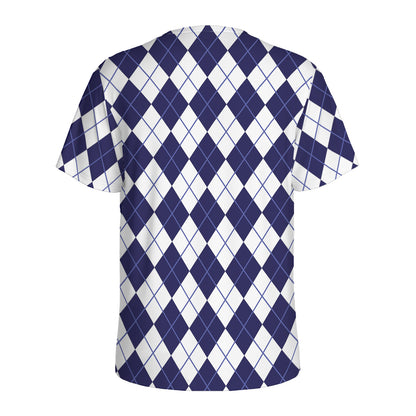Navy Blue And White Argyle Pattern Print Men's Sports T-Shirt