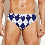 Navy Blue And White Argyle Pattern Print Men's Swim Briefs