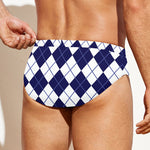 Navy Blue And White Argyle Pattern Print Men's Swim Briefs