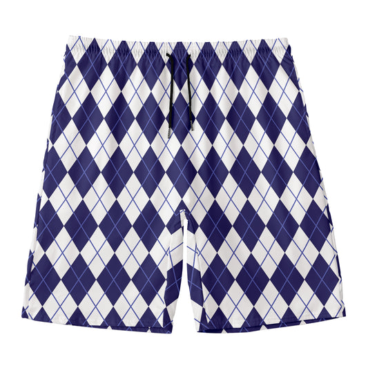 Navy Blue And White Argyle Pattern Print Men's Swim Trunks