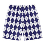 Navy Blue And White Argyle Pattern Print Men's Swim Trunks
