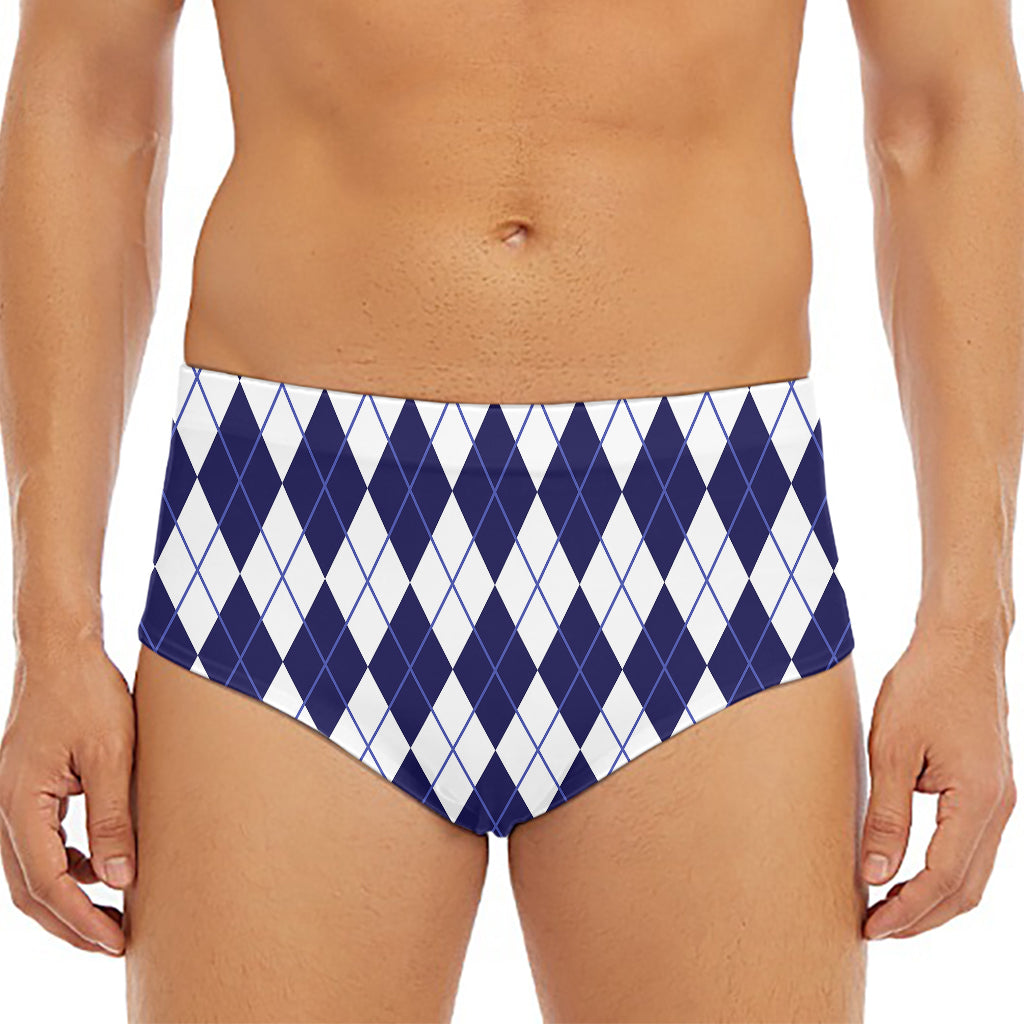 Navy Blue And White Argyle Pattern Print Men's Triangle Swim Briefs