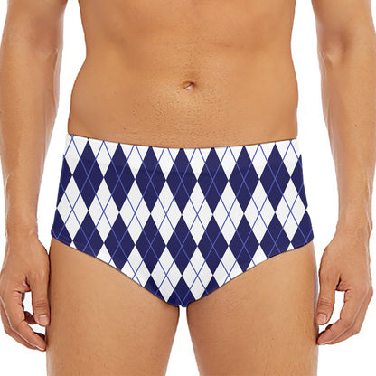 Navy Blue And White Argyle Pattern Print Men's Triangle Swim Briefs