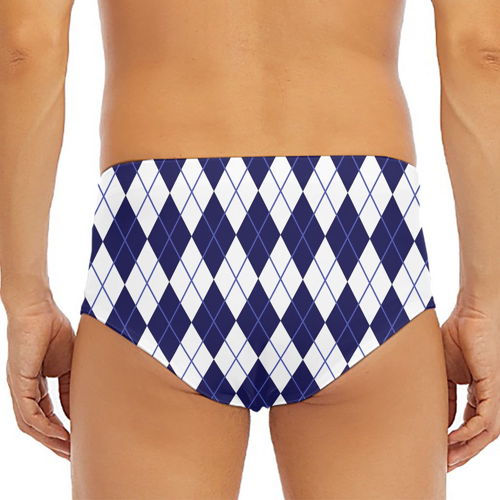 Navy Blue And White Argyle Pattern Print Men's Triangle Swim Briefs