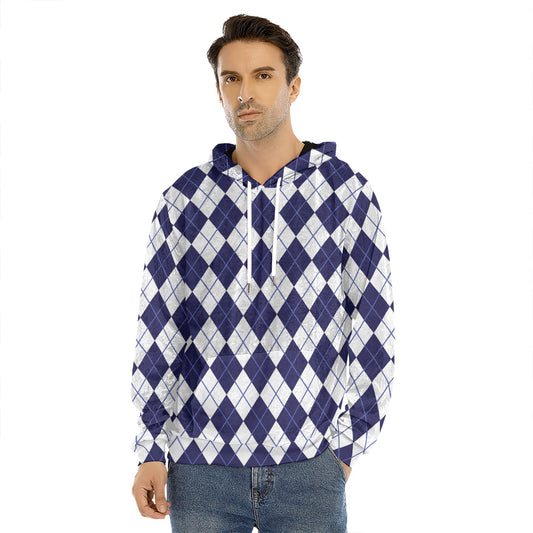Navy Blue And White Argyle Pattern Print Men's Velvet Pullover Hoodie