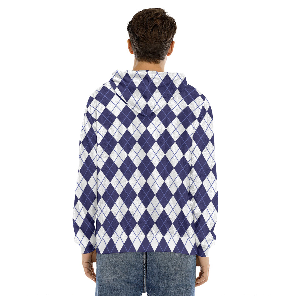 Navy Blue And White Argyle Pattern Print Men's Velvet Pullover Hoodie