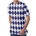 Navy Blue And White Argyle Pattern Print Men's Velvet T-Shirt