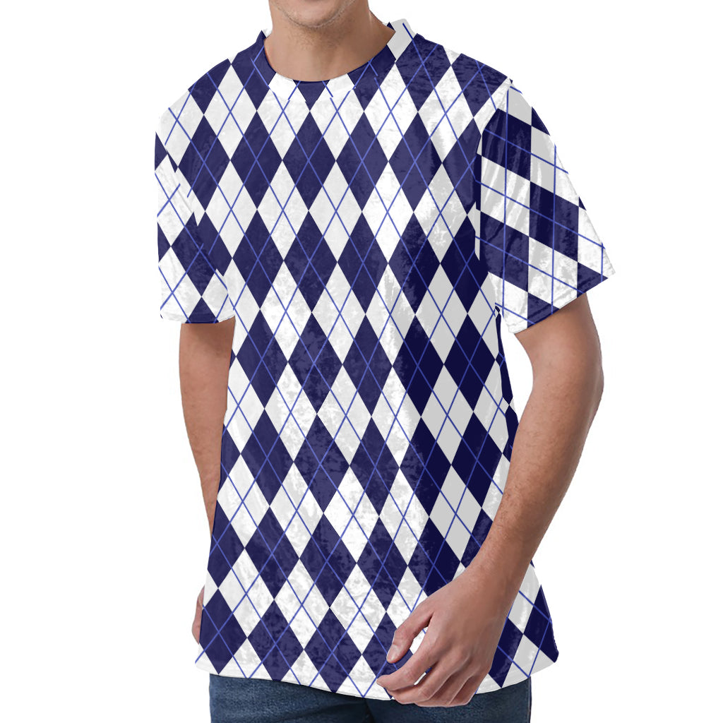 Navy Blue And White Argyle Pattern Print Men's Velvet T-Shirt