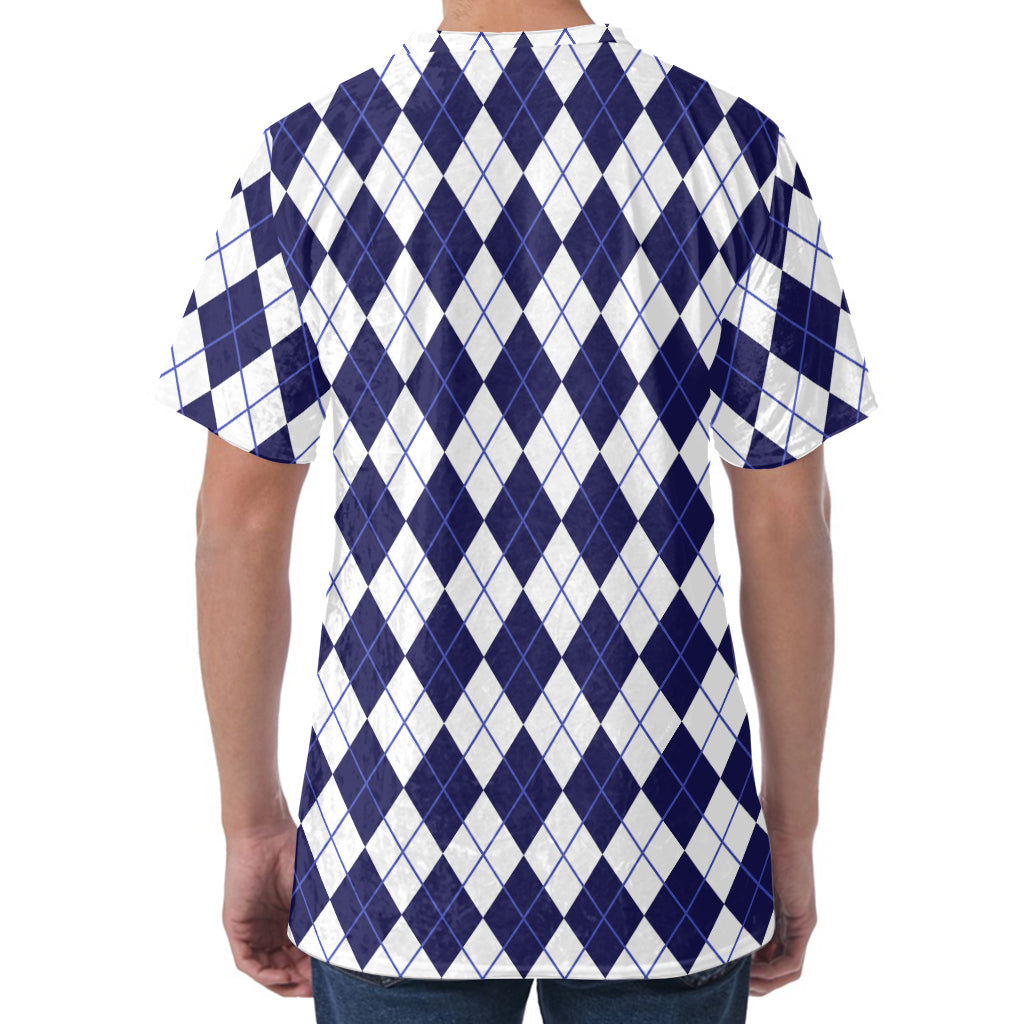 Navy Blue And White Argyle Pattern Print Men's Velvet T-Shirt