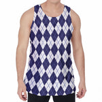 Navy Blue And White Argyle Pattern Print Men's Velvet Tank Top