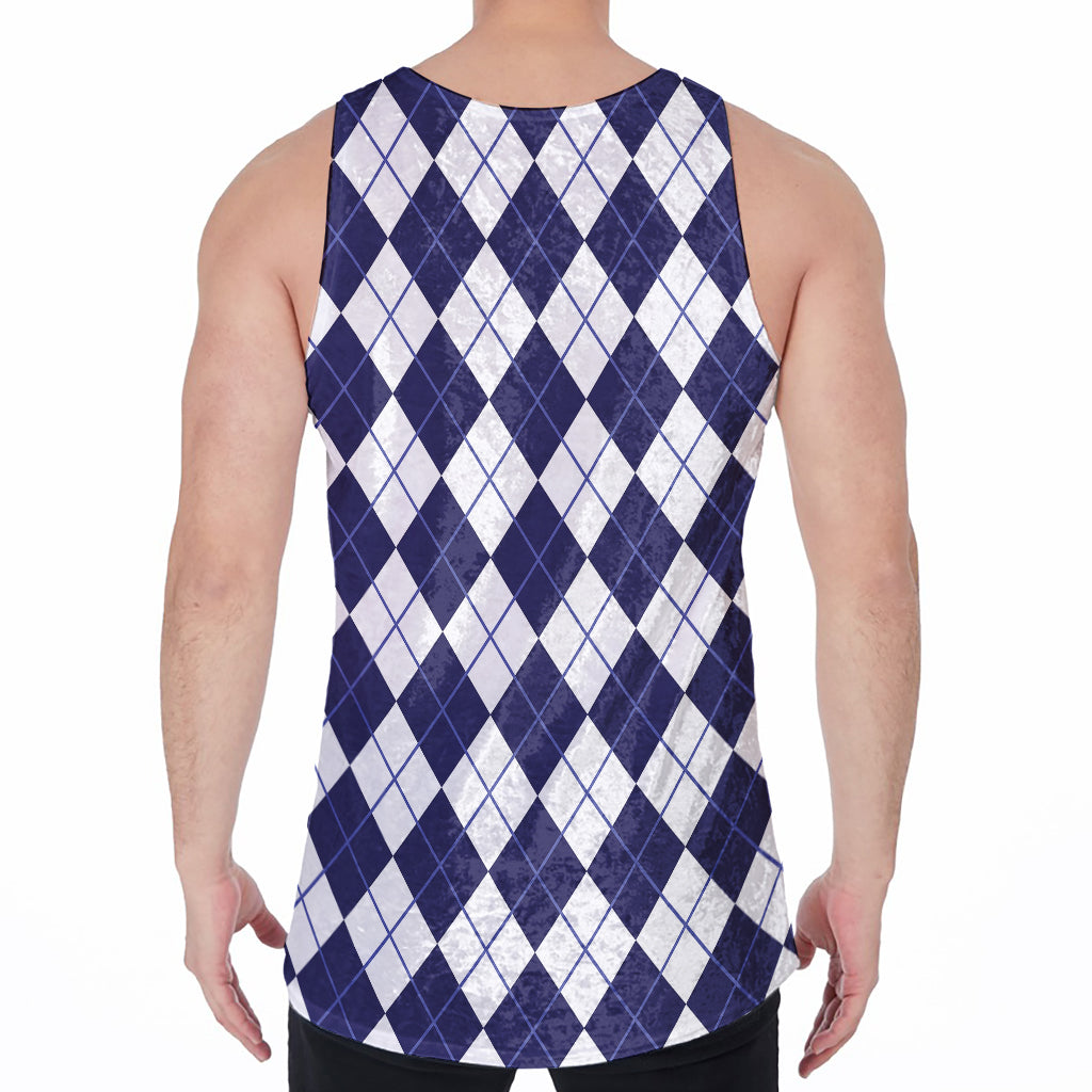 Navy Blue And White Argyle Pattern Print Men's Velvet Tank Top