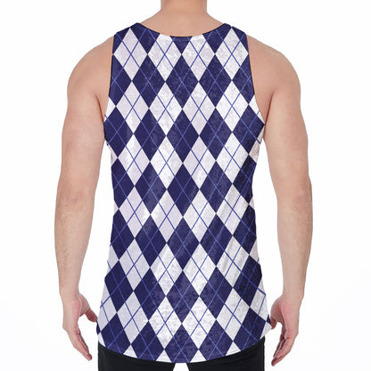 Navy Blue And White Argyle Pattern Print Men's Velvet Tank Top
