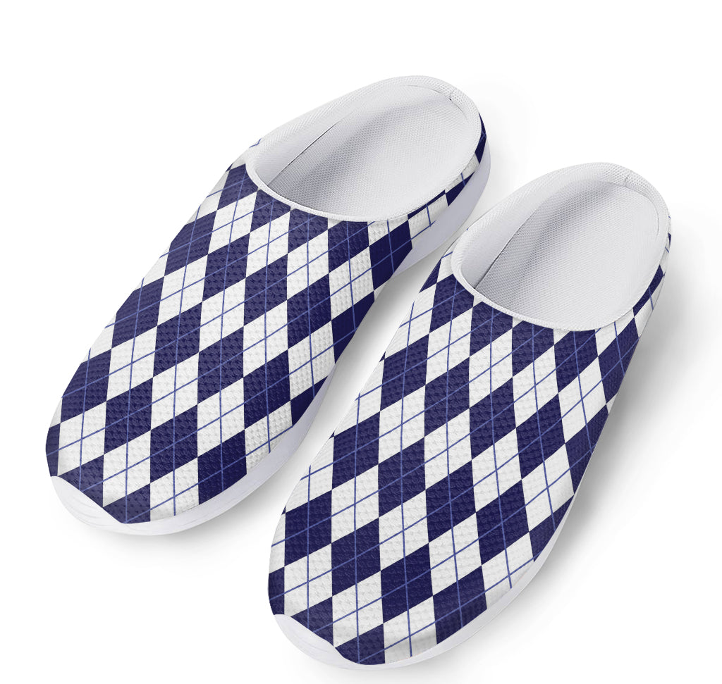 Navy Blue And White Argyle Pattern Print Mesh Casual Shoes