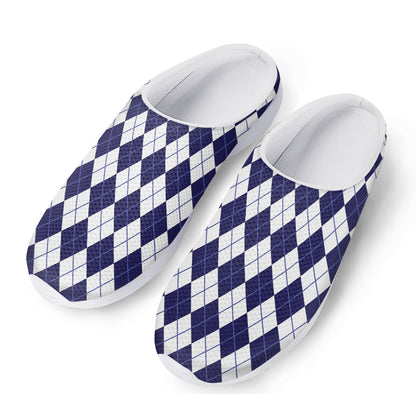 Navy Blue And White Argyle Pattern Print Mesh Casual Shoes