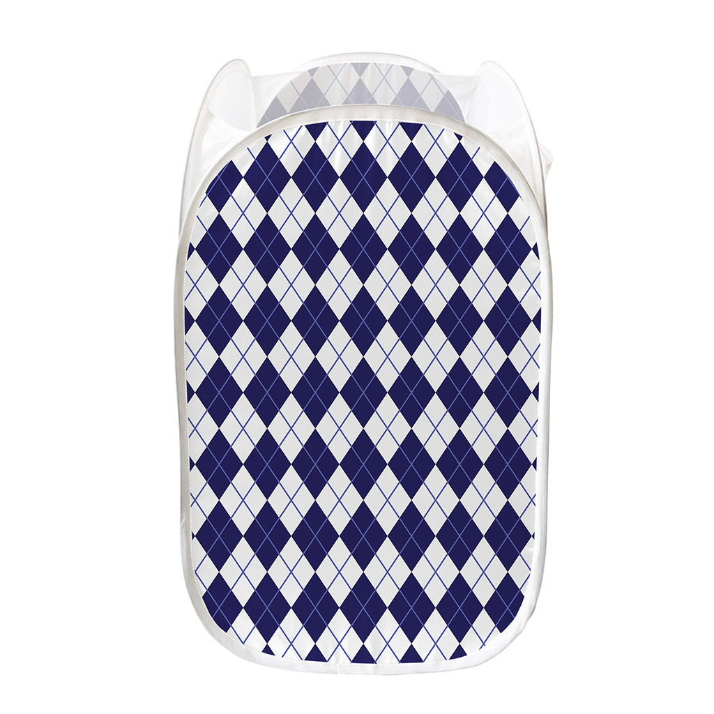 Navy Blue And White Argyle Pattern Print Mesh Laundry Hamper