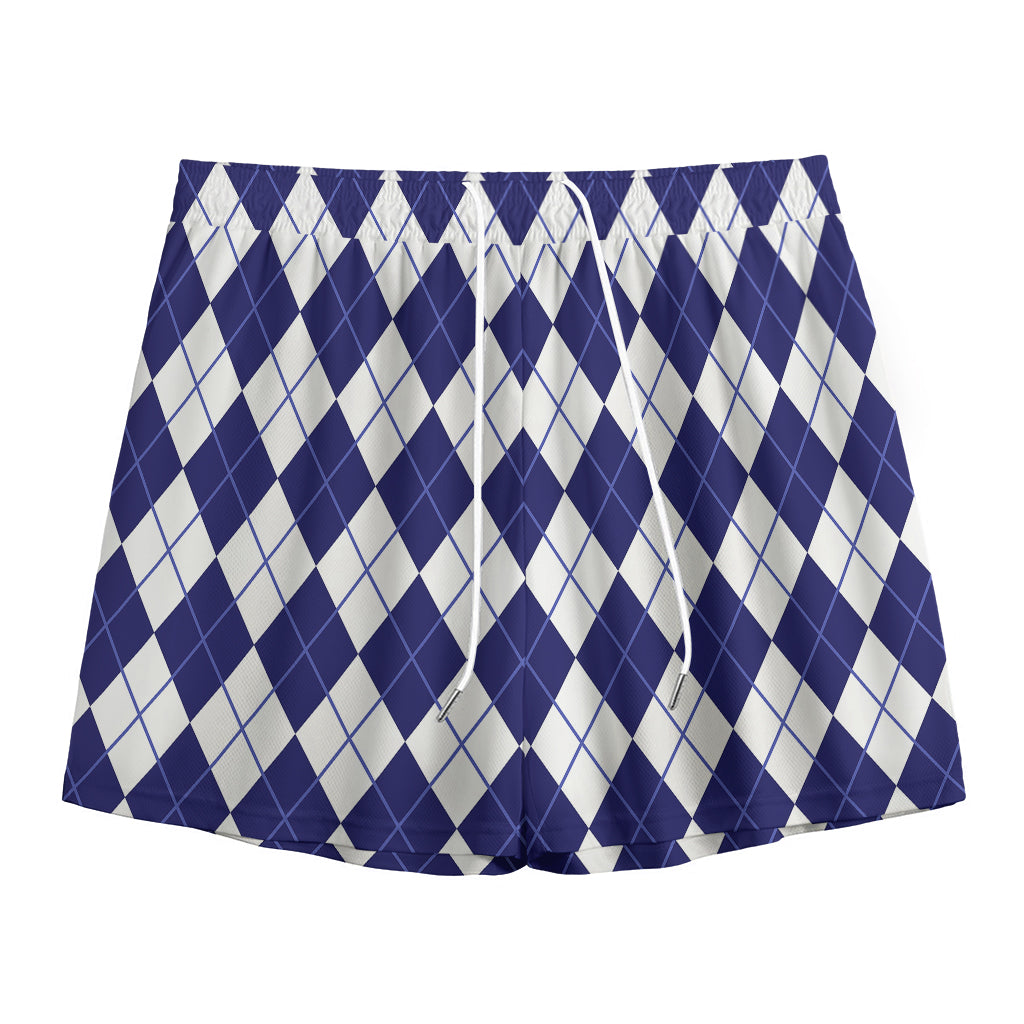 Navy Blue And White Argyle Pattern Print Mesh Shorts