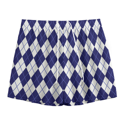 Navy Blue And White Argyle Pattern Print Mesh Shorts