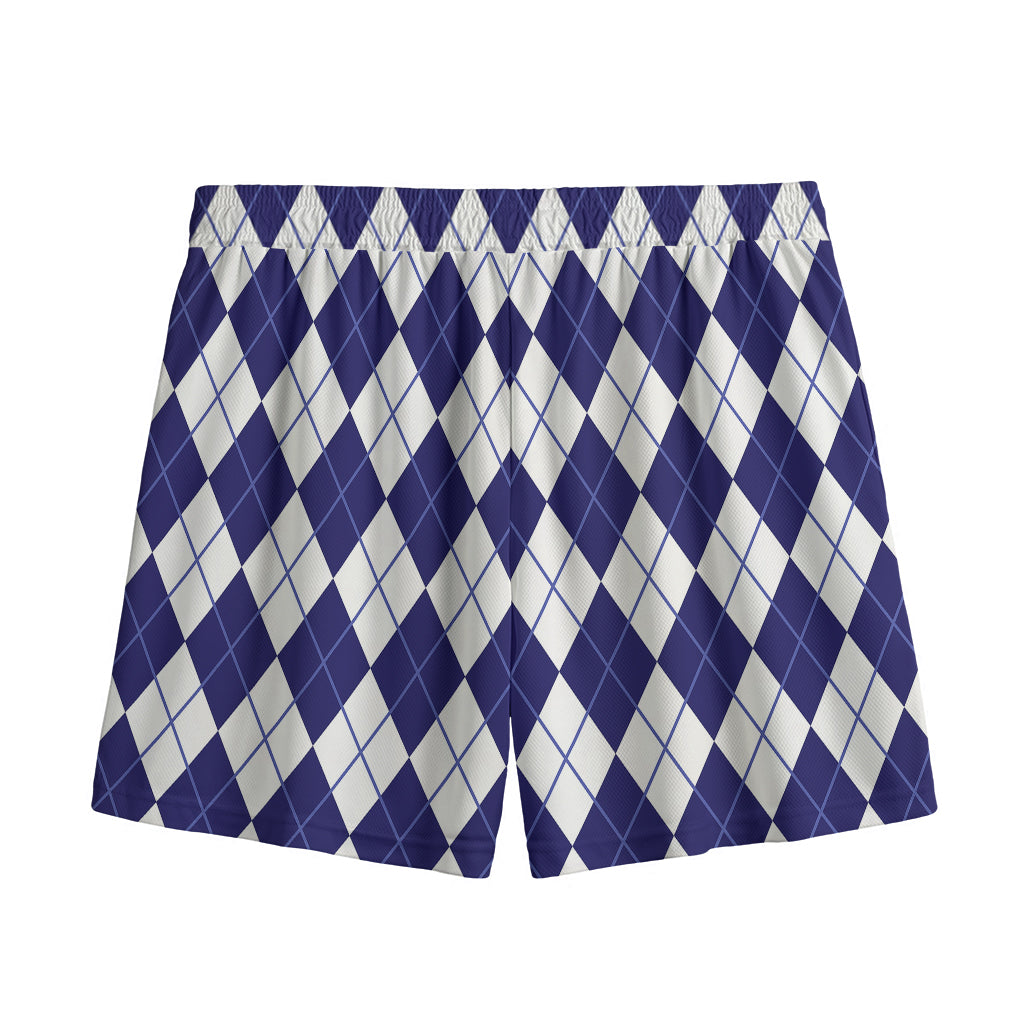 Navy Blue And White Argyle Pattern Print Mesh Shorts