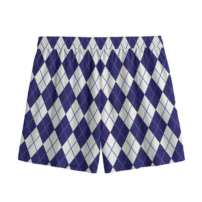Navy Blue And White Argyle Pattern Print Mesh Shorts