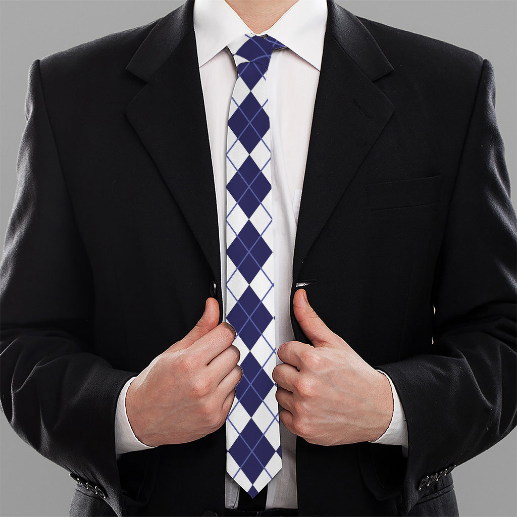 Navy Blue And White Argyle Pattern Print Necktie