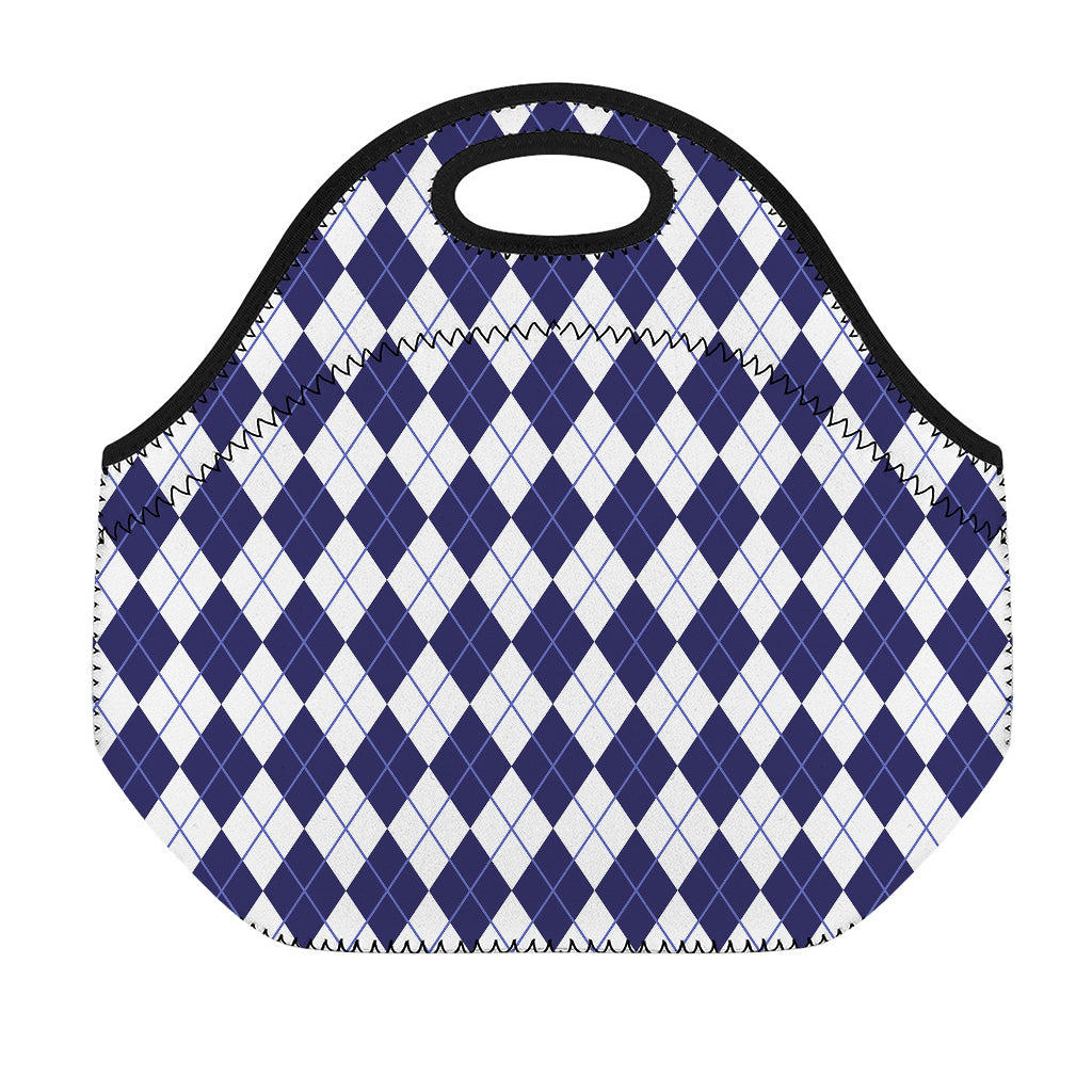 Navy Blue And White Argyle Pattern Print Neoprene Lunch Bag